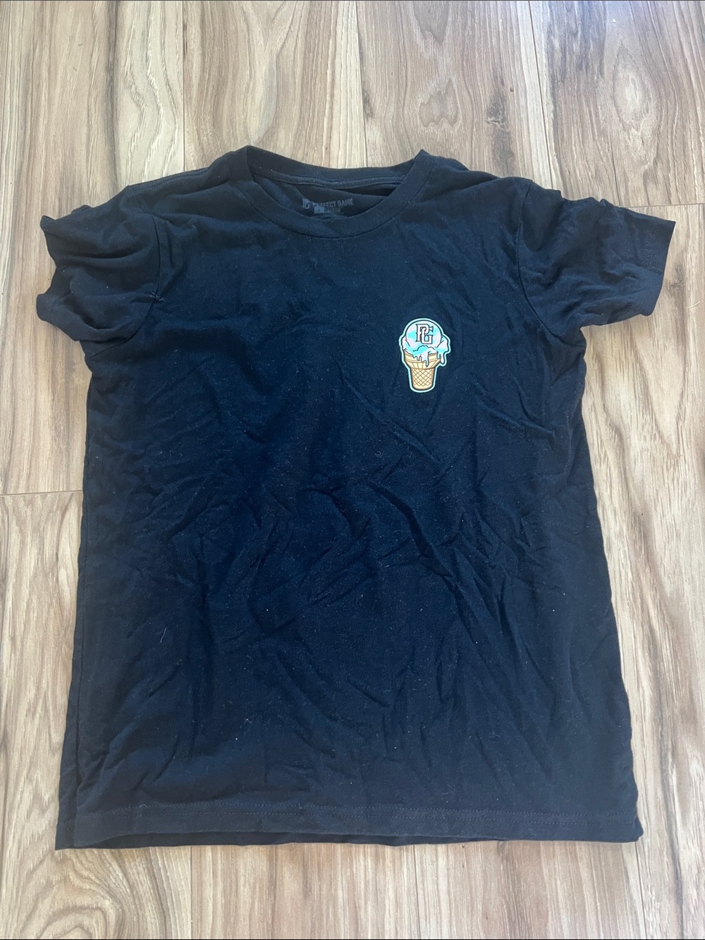 Perfect Game Black Tee with Ice Cream Patch kids size Large